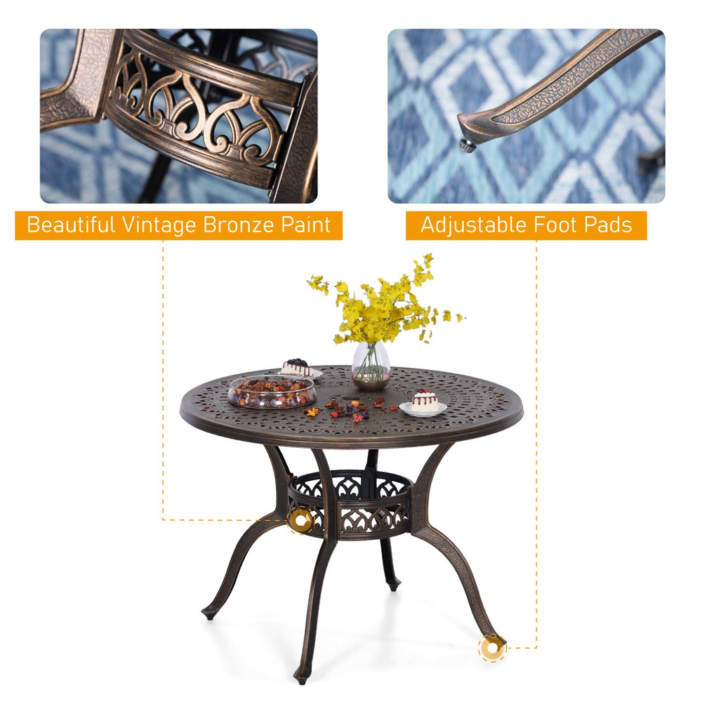 PHI VILLA 39"Patio Dining Table Cast Aluminum Golden Bronze with 1.97" Umbrella Hole