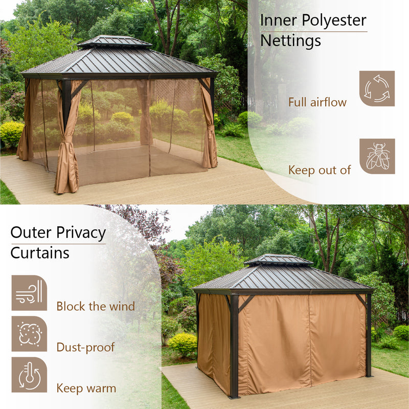 PHI VILLA 10' X 12' Outdoor Hardtop Gazebo Double Roof Canopy with Curtains and Netting