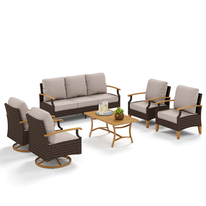 Phi Villa 7-Seater Patio Rattan Conversation Sofa Set With Slatted Coffee Table