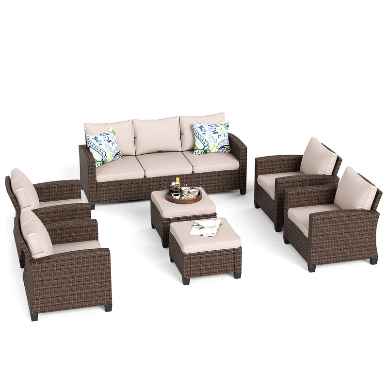 Phi Villa Outdoor 9-Seat Rattan Conversation Sofa Set With Ottomans