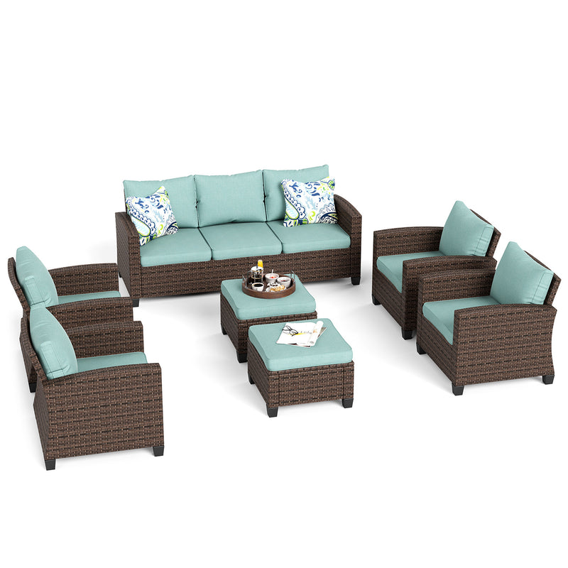 Phi Villa Outdoor 9-Seat Rattan Conversation Sofa Set With Ottomans