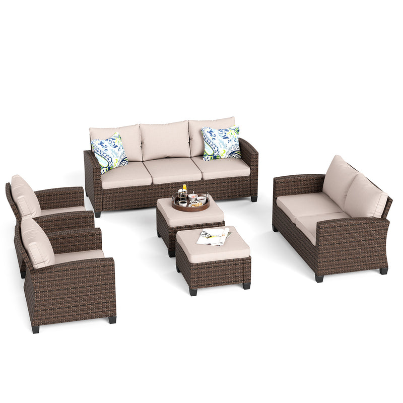 Phi Villa Patio 9-Seat Rattan Conversation Sofa Set With Ottomans