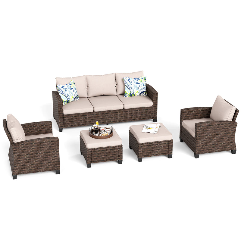 Phi Villa Outdoor 7-Seat Rattan Conversation Sofa Set With Ottomans
