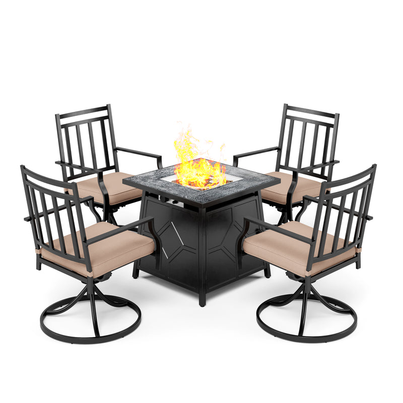 PHI VILLA 5-Piece Outdoor Fire Pit Set Steel Swivel Chairs &  28” 40000BTU TerraFab Square Fire Pit Table