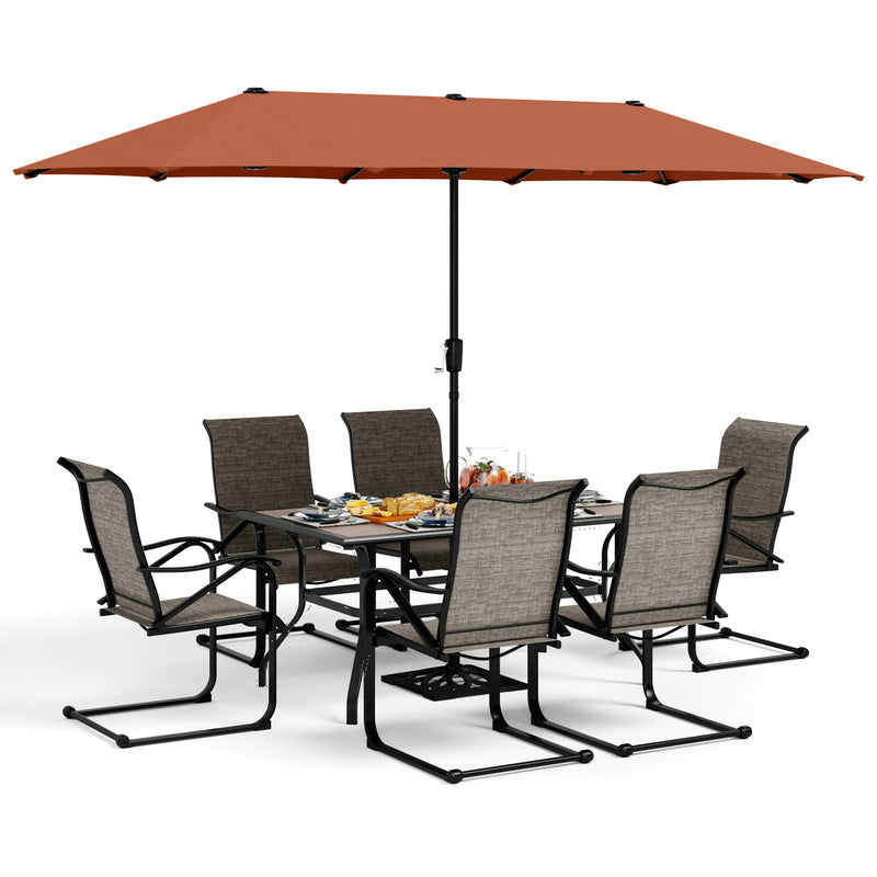 PHI VILLA 8-Piece Patio Dining Set with 13ft Umbrella & Wood-Look Table & Textilene C-Spring Chairs