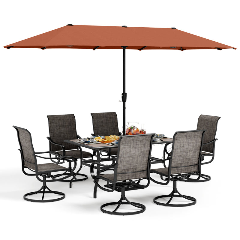 PHI VILLA 8-Piece Patio Dining Set with 13ft Umbrella & Steel Rectangle Table & Textilene Swivel Chairs