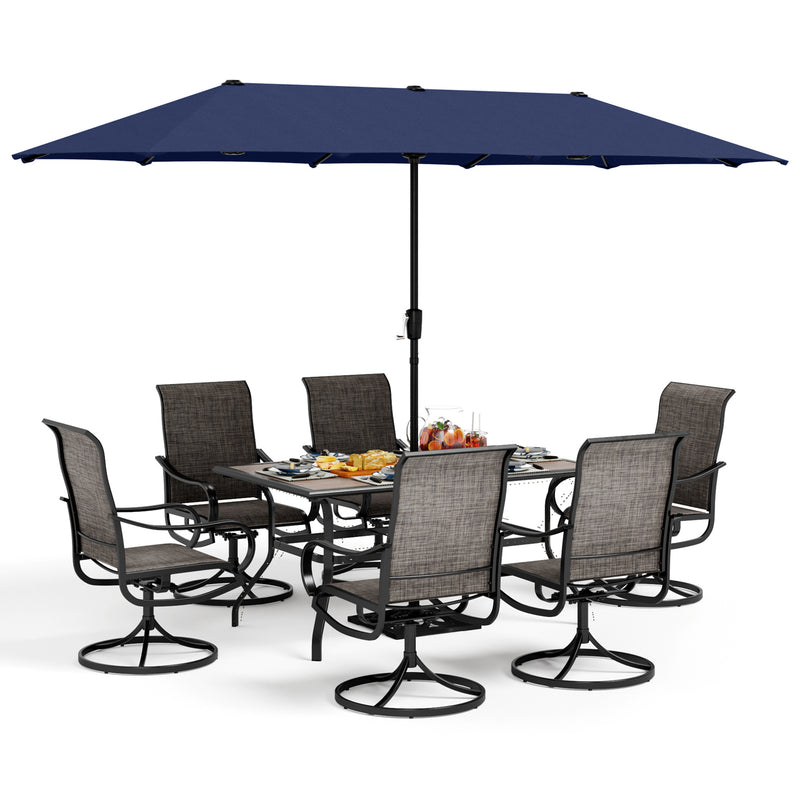 PHI VILLA 8-Piece Patio Dining Set with 13ft Umbrella & Steel Rectangle Table & Textilene Swivel Chairs