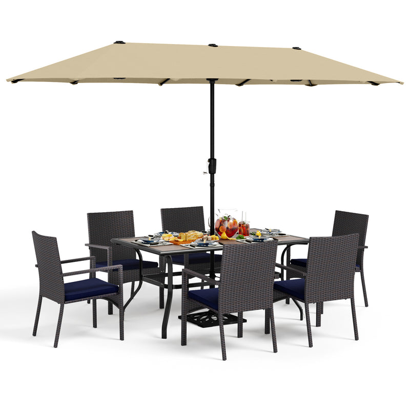PHI VILLA 8-Piece Patio Dining Set with 13ft Umbrella & Rectangle Steel Table & Wicker Rattan Chairs