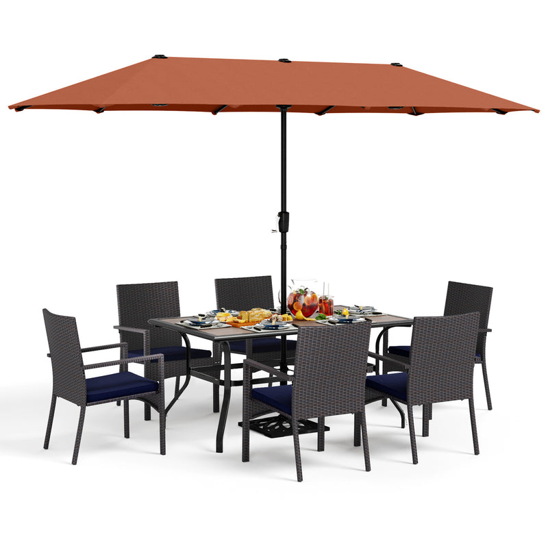 PHI VILLA 8-Piece Patio Dining Set with 13ft Umbrella & Rectangle Steel Table & Wicker Rattan Chairs