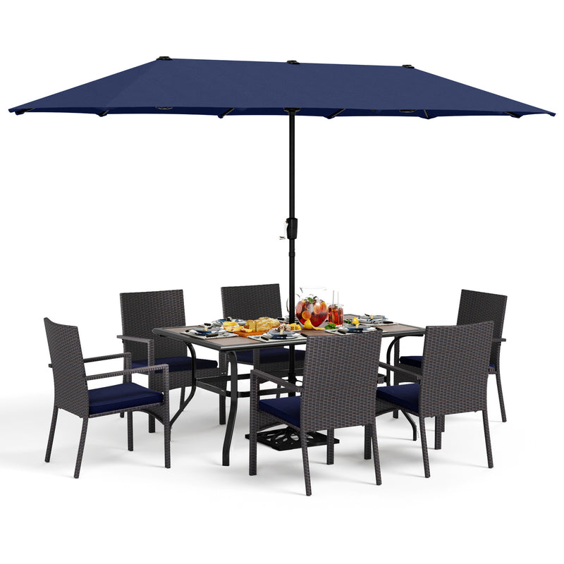PHI VILLA 8-Piece Patio Dining Set with 13ft Umbrella & Rectangle Steel Table & Wicker Rattan Chairs
