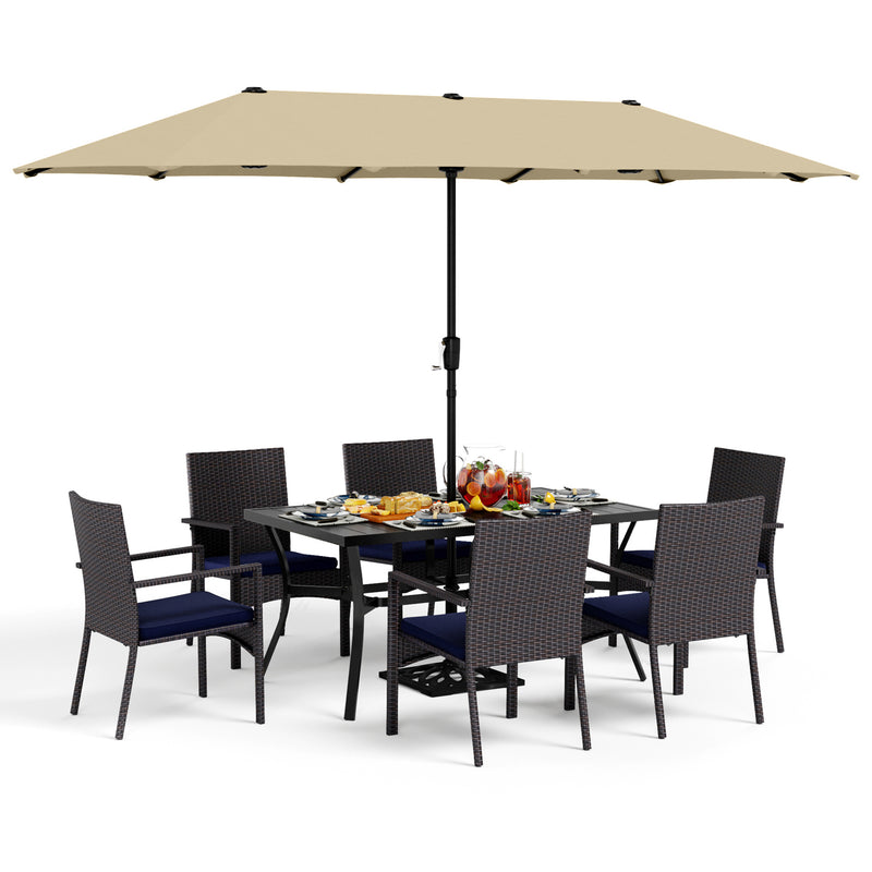 PHI VILLA 8-Piece Patio Dining Set with 13ft Umbrella & Rectangle Steel Table & Wicker Rattan Chairs