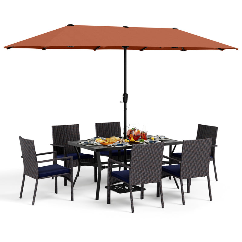 PHI VILLA 8-Piece Patio Dining Set with 13ft Umbrella & Rectangle Steel Table & Wicker Rattan Chairs