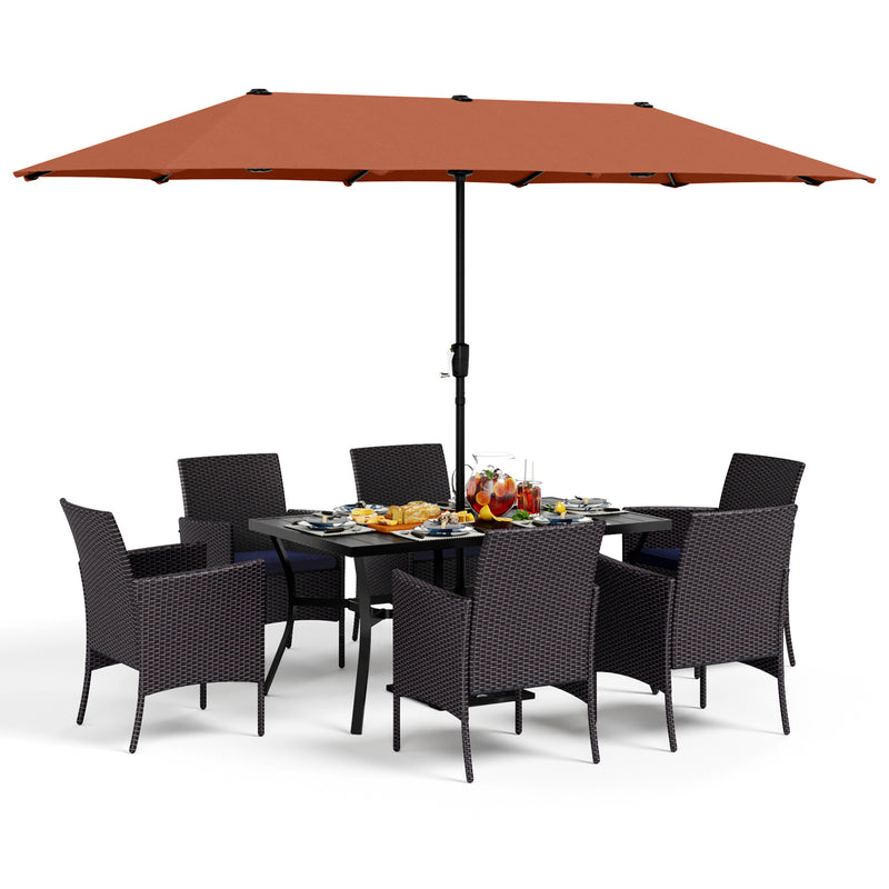 PHI VILLA 8-Piece Patio Dining Set with 13ft Umbrella & Steel Rectangle Table & Cushioned Rattan Chairs