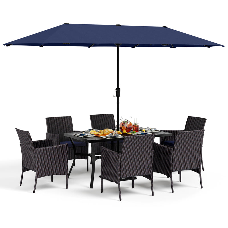 PHI VILLA 8-Piece Patio Dining Set with 13ft Umbrella & Steel Rectangle Table & Cushioned Rattan Chairs