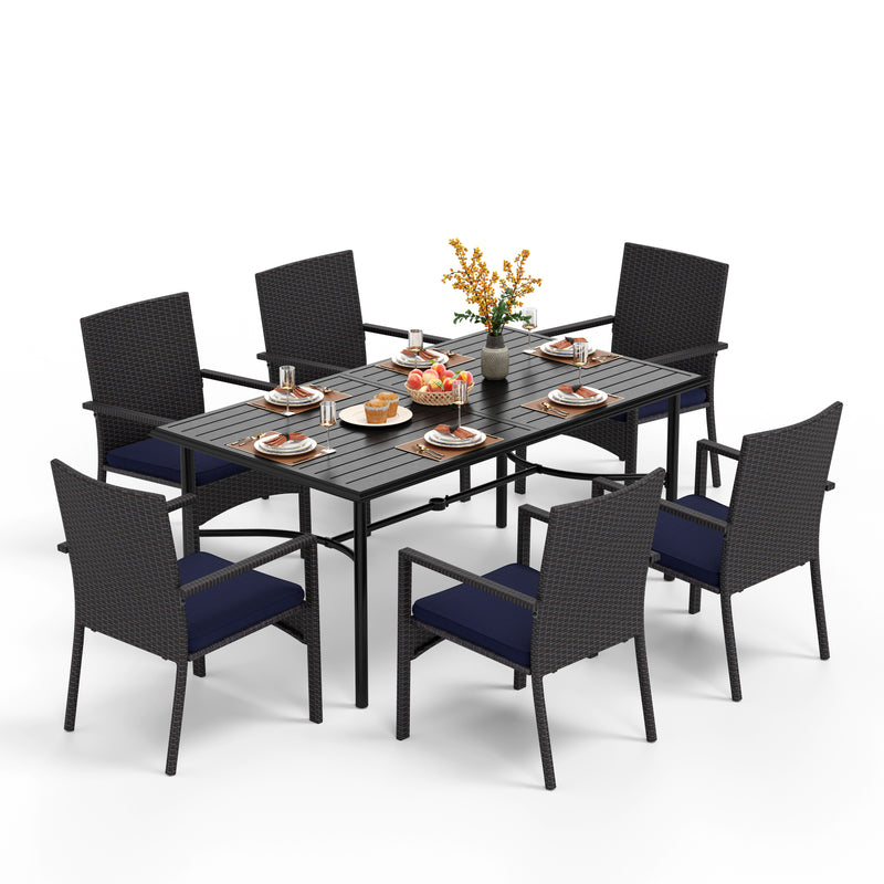 PHI VILLA 7-Piece Patio Dining Set 6 Ratta Haiti Chairs and Steel Rectangle Table