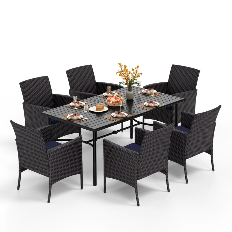 PHI VILLA 7-Piece Patio Dining Set with Steel Rectangle Table & 6 Rattan Crescent Chairs