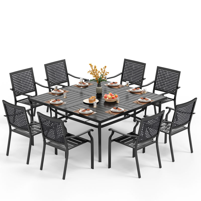 9-Piece Outdoor Dining Set with 8 Stackable Fixed Chairs & Large Square Table  PHI VILLA