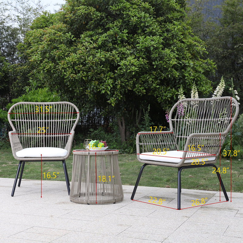 PHI VILLA 3-Piece Outdoor Rattan Conversation Set With Cushions