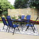 PHI VILLA 7-Piece Patio Outdoor Dining Set with Steel Rectangle Table & 6 Textilene Reclining Folding Chairs