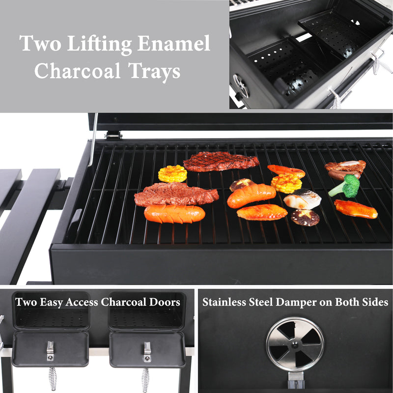 Captiva Designs Double Door Charcoal Patio Grill with 2 Liftable Enamel Charcoal Trays