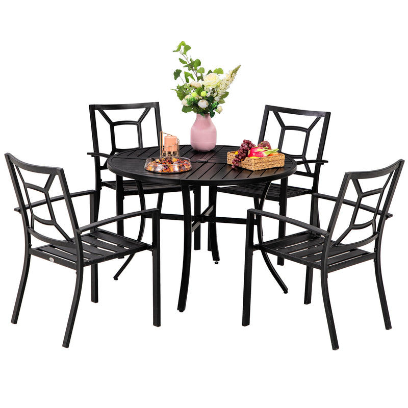 PHI VILLA 5-Piece Outdoor Dining Set 4 Patterned Stackable Chairs and Steel Slat Round Table