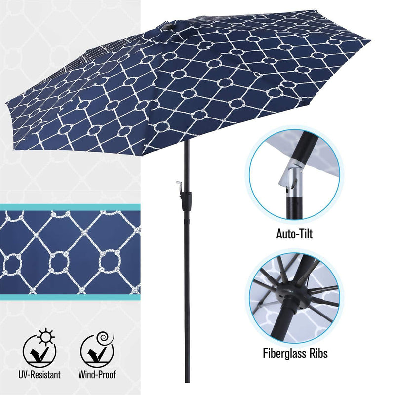 PHI VILLA 9ft Crank Open & Auto-Tilt Market Umbrella with Printing Polyester Canopy