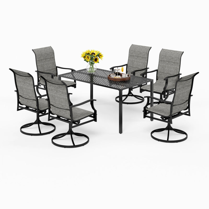 PHI VILLA 7-Piece Outdoor Dining Set 6 Textilene Padded Swivel Chairs and Steel Rectangle Table