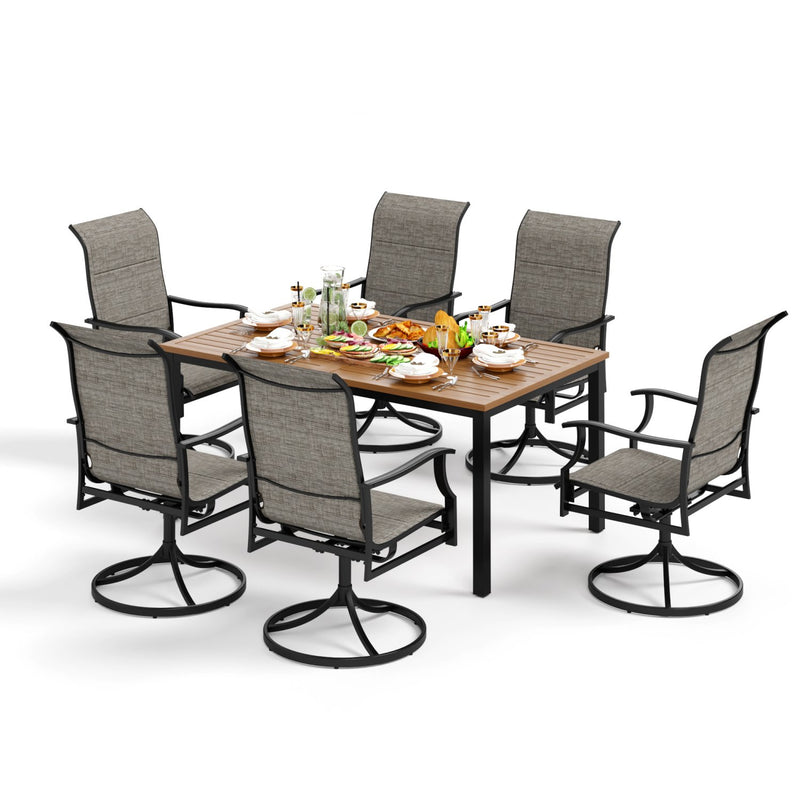 PHI VILLA 7-Piece Outdoor Dining Set 6 Textilene Padded Swivel Chairs and Steel Rectangle Table