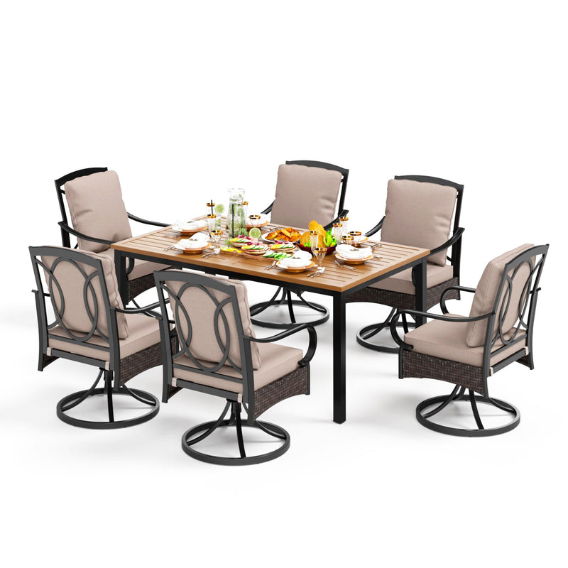 PHI VILLA 7-Piece Patio Dining Set With 6 Cushioned Steel & Rattan Chairs and Rectangle Table