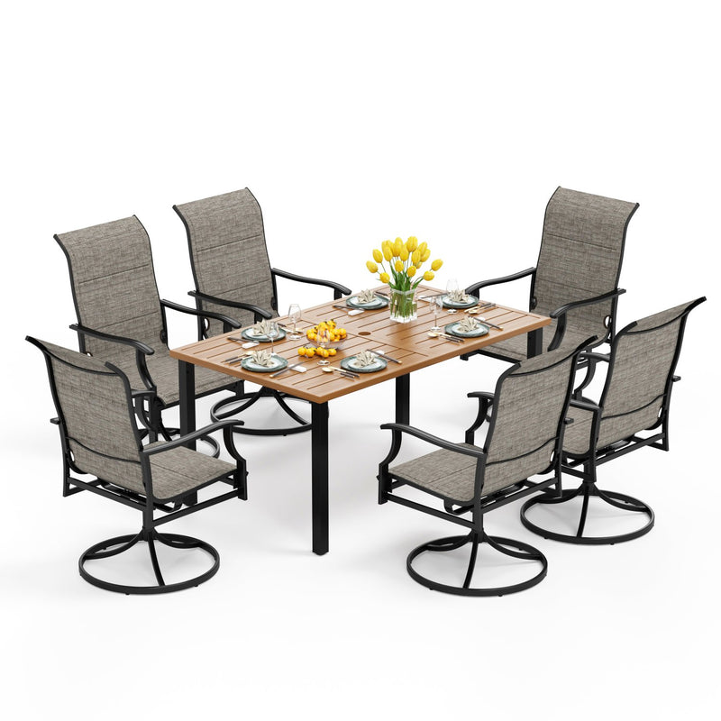 PHI VILLA 7-Piece Outdoor Dining Set 6 Textilene Padded Swivel Chairs and Steel Rectangle Table