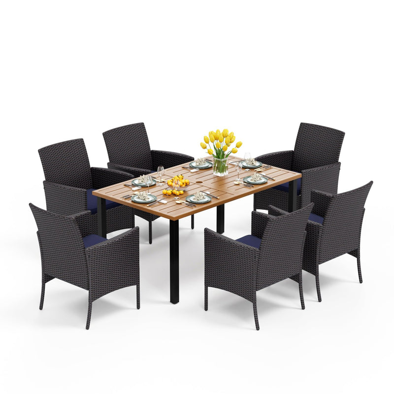 PHI VILLA 7-Piece Patio Dining Set with Steel Rectangle Table & 6 Rattan Crescent Chairs