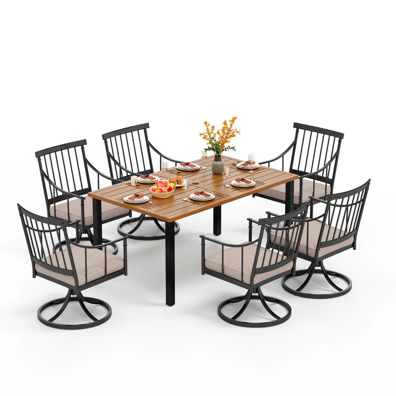 PHI VILLA 7-Piece Patio Dining Set With Rectangle Table & 6 Swivel Chairs