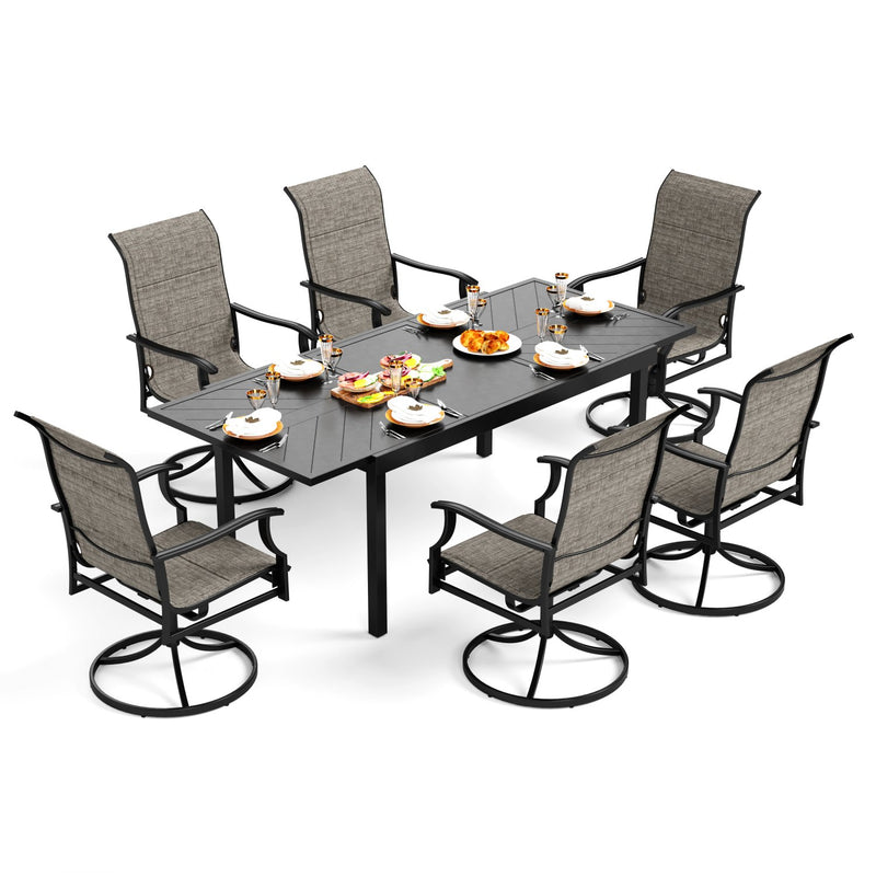 PHI VILLA 7-Piece/9-Piece Patio Dining Set with Extendable Table & Wave Arm Padded Textilene Swivel Chairs