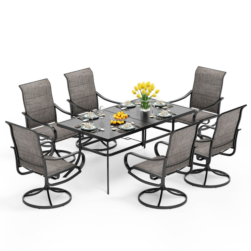 PHI VILLA 7-Piece Patio Dining Set 6 Textilene Padded Swivel Chairs and Steel Rectangle Table
