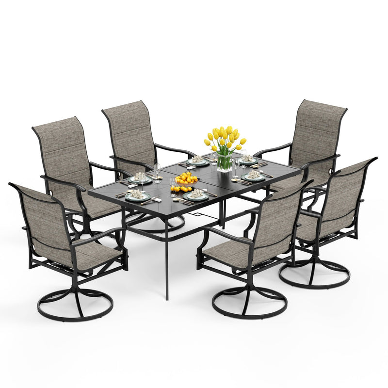 PHI VILLA 7-Piece Outdoor Dining Set 6 Textilene Padded Swivel Chairs and Steel Rectangle Table