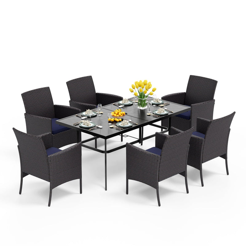 PHI VILLA 7-Piece Patio Dining Set with Steel Rectangle Table & 6 Rattan Crescent Chairs