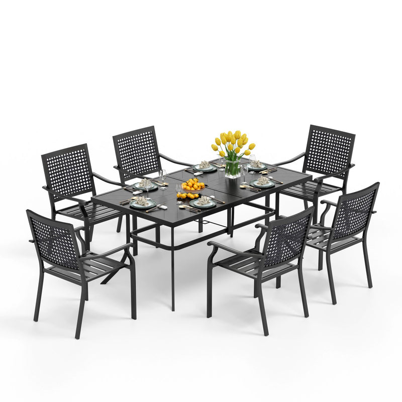 Phi Villa 7-Piece Patio Dining Set 6 Fixed Stackable Chairs & Steel Rectangle Table