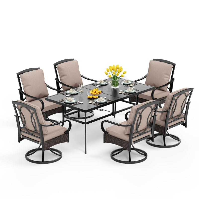 PHI VILLA 7-Piece Patio Dining Set With 6 Cushioned Steel & Rattan Chairs and Rectangle Table