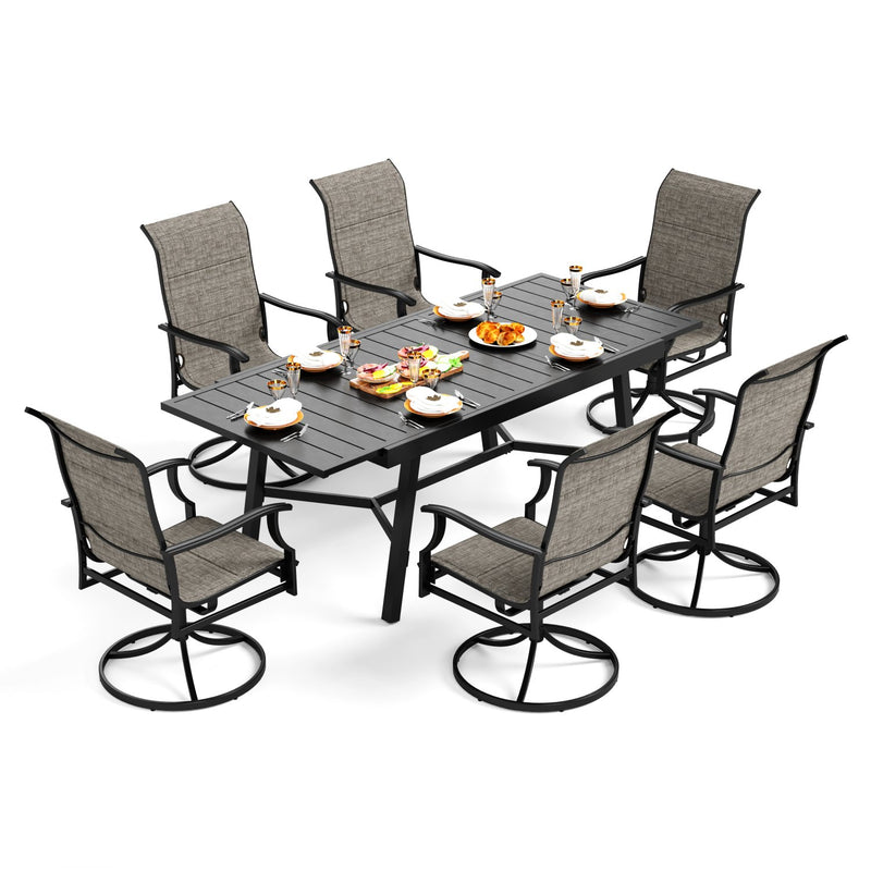 PHI VILLA 7-Piece/9-Piece Patio Dining Set with Extendable Table & Wave Arm Padded Textilene Swivel Chairs
