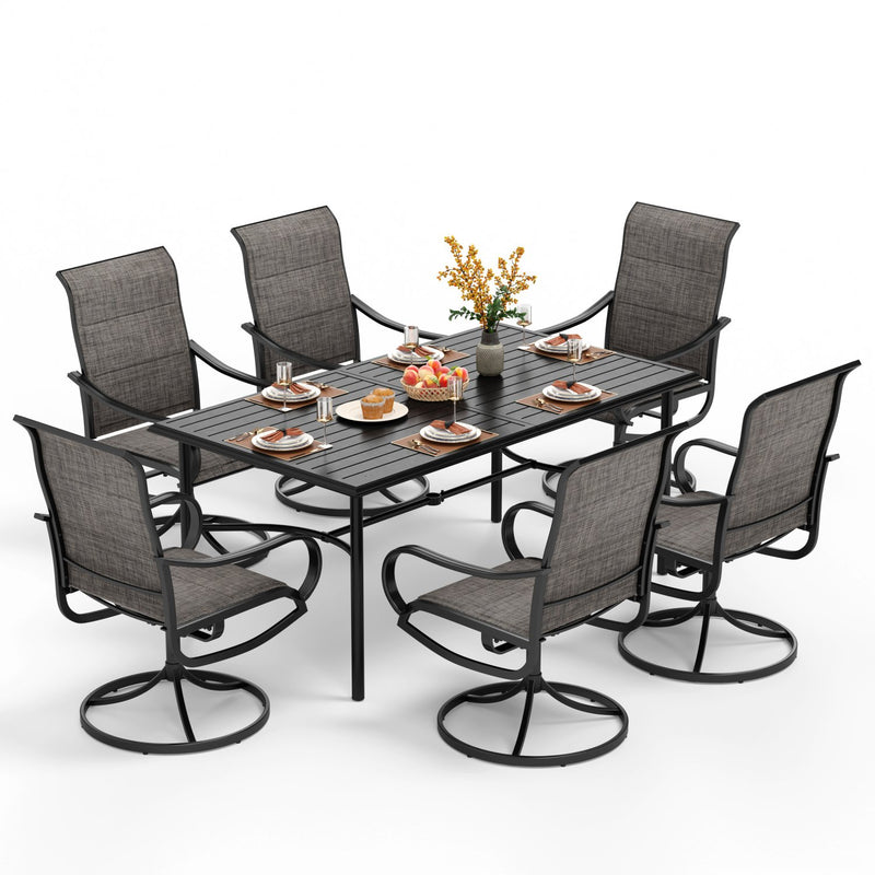 PHI VILLA 7-Piece Patio Dining Set 6 Textilene Padded Swivel Chairs and Steel Rectangle Table