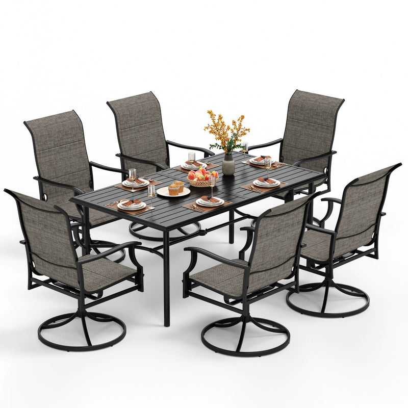 PHI VILLA 7-Piece Outdoor Dining Set 6 Textilene Padded Swivel Chairs and Steel Rectangle Table