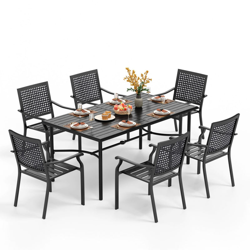 Phi Villa 7-Piece Patio Dining Set 6 Fixed Stackable Chairs & Steel Rectangle Table