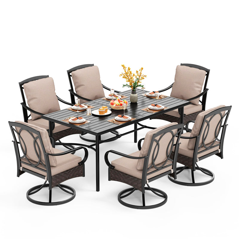 PHI VILLA 7-Piece Patio Dining Set With 6 Cushioned Steel & Rattan Chairs and Rectangle Table