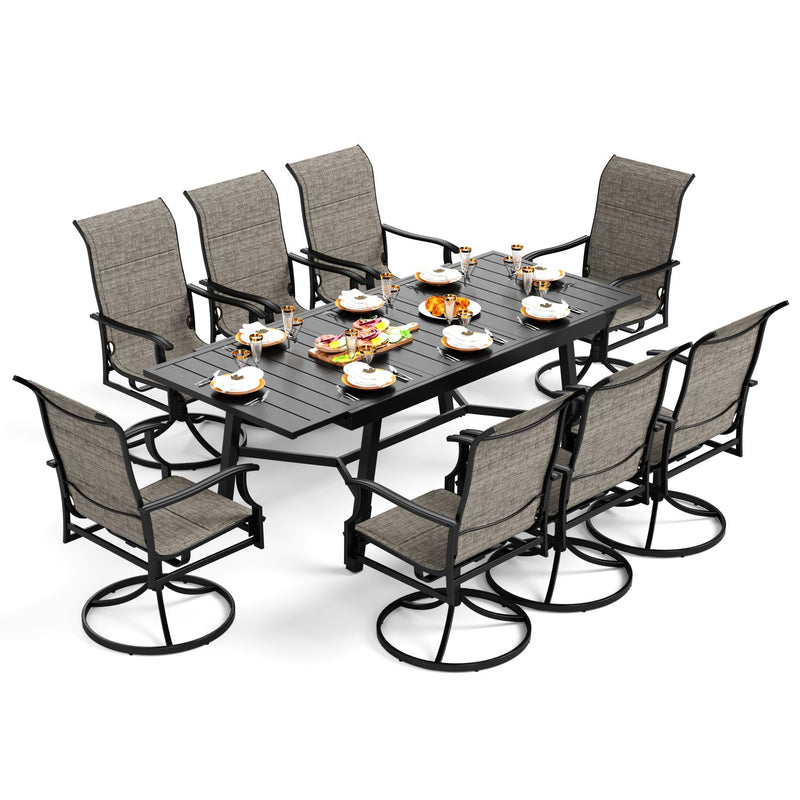 PHI VILLA 7-Piece/9-Piece Patio Dining Set with Extendable Table & Wave Arm Padded Textilene Swivel Chairs