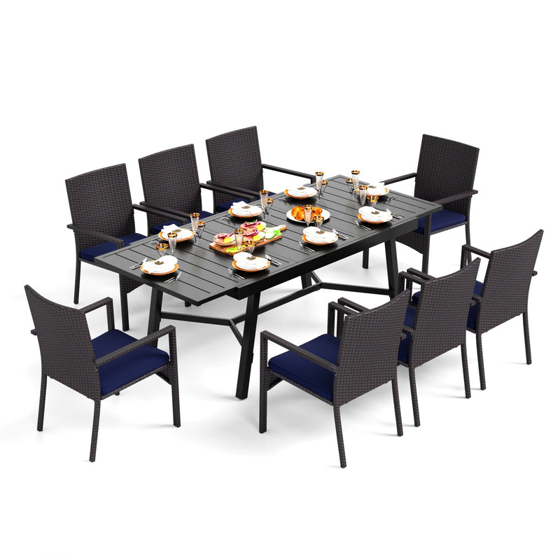 PHI VILLA 7 piece/ 9 piece Outdoor Dining Set With Rattan Cushioned Chairs & Extendable Steel Table