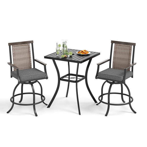 PHI VILLA 3-Piece Patio Bar Set with 2 Swivel Rattan Bar Stools &  1 Square Table