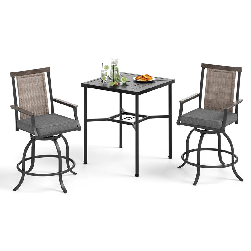 PHI VILLA 3-Piece Patio Bar Set With 2 Swivel Rattan Bar Stools &  1 Square Table