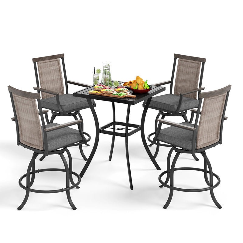 PHI VILLA 5-Piece Patio Bar Set With 4 Swivel Rattan Bar Stools & 1 Steel Table