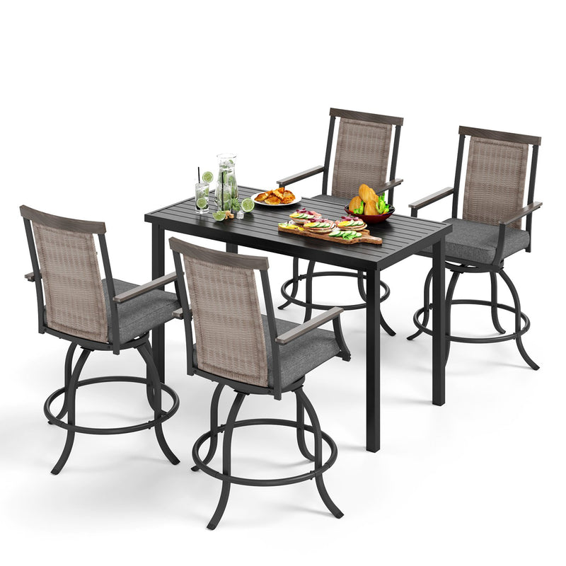 PHI VILLA 5-Piece Patio Bar Set With 4 Swivel Rattan Bar Stools & 1 Steel Table