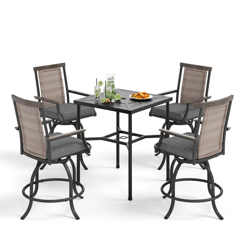 PHI VILLA 5-Piece Patio Bar Set With 4 Swivel Rattan Bar Stools & 1 Steel Table